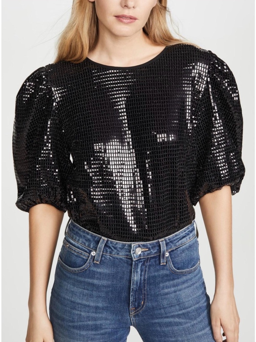 English Factory Sequin Puff-Sleeve Top